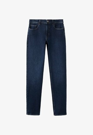 Jeans in denim blu scuro a gamba dritta con bottone frontale, cerniera, passanti per cintura e design a cinque tasche.