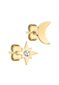 Goldfarbene Ohrstecker mit einem Halbmond und einem Stern, der einen zentralen klaren Schmuckstein hat, und einer glatten, glänzenden Oberfläche.