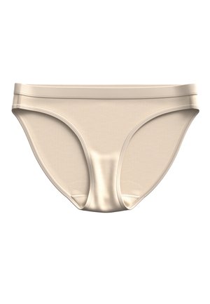 Beige puuvillainen alushousu, jossa on sileä pinta, matala vyötärö ja erottuva joustovyötärö. Yksinkertainen ja saumatonta rakennetta.