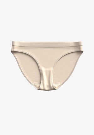 Beige puuvillainen alushousu, jossa on sileä pinta, matala vyötärö ja erottuva joustovyötärö. Yksinkertainen ja saumatonta rakennetta.