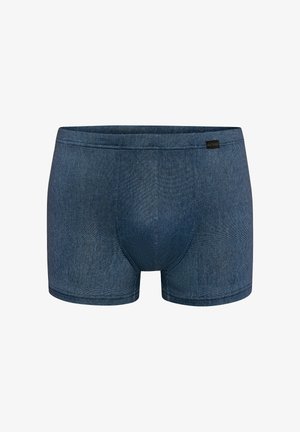 Boxer homme en denim bleu foncé avec texture, détails de couture et petite étiquette de marque noire sur la ceinture.