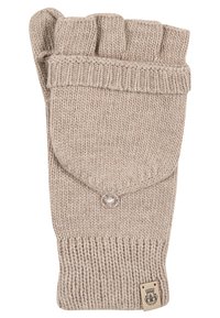 Beige fingerless gloves made of knitted fabric with a ribbed cuff, featuring a button closure, and a small logo tag on the side.
