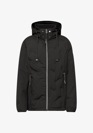 Zwarte gewatteerde jas met capuchon, ritssluiting aan de voorkant, twee zijzakken met rits, verstelbare trekkoorden en een kraag met drukknoopdetail.