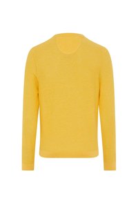 Gelber Langarmpullover, runder Ausschnitt, geripptes Saum- und Bündchendesign, feine Strickstruktur, minimalistisches Design mit nahtloser Rückenverarbeitung.