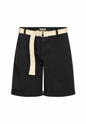 Mustad mustad, pehme kangas, millel on punutud kreemivärvi vöö, üles keeratud varrukaotsad ja ees taskud.