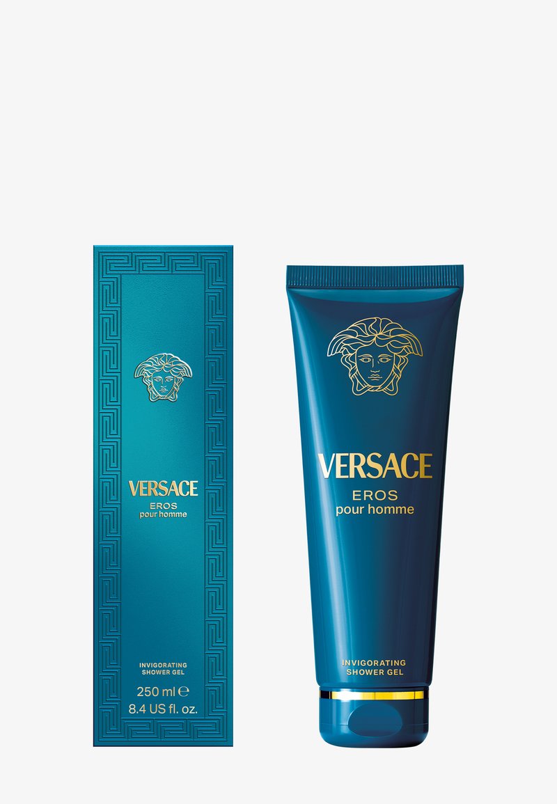 Gel douche Versace Eros dans un tube bleu, avec un accent doré et un logo. Accompagné d'une boîte rectangulaire assortie avec un motif de clé grecque.