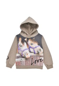 Hooded sweatshirt in beige fabric featuring a graphic of two horses with purple halters and the word "Love" in black on the front.