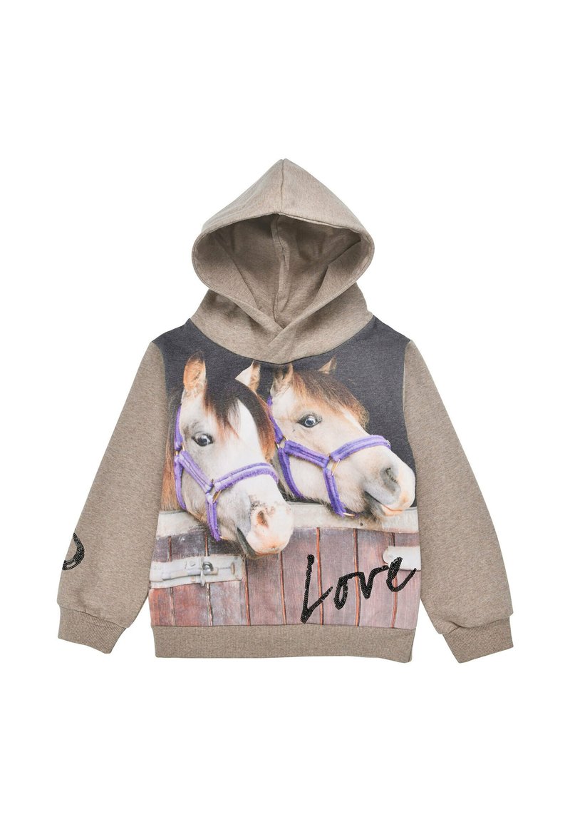 Hooded sweatshirt in beige fabric featuring a graphic of two horses with purple halters and the word "Love" in black on the front.