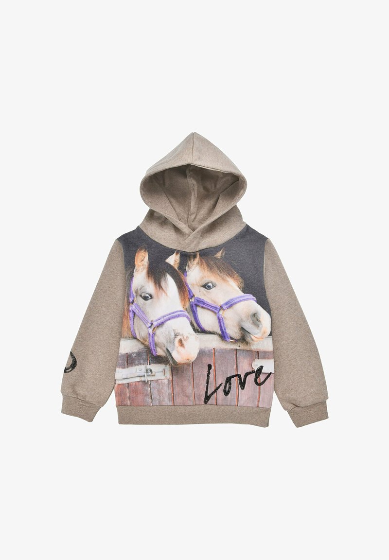 Hooded sweatshirt in beige fabric featuring a graphic of two horses with purple halters and the word "Love" in black on the front.