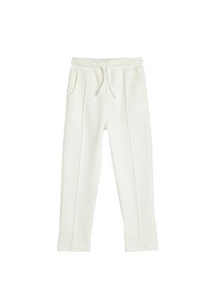Pantalones de chándal blancos con una tela texturizada, cintura elástica, cordón y dos bolsillos laterales. Cuenta con costuras verticales para un aspecto ajustado.