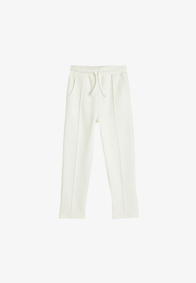 Witte sweatpants van een gewatteerde stof, met een elastische tailleband, een trekkoord en twee zijzakken. Heeft verticale naden voor een getailleerde uitstraling.