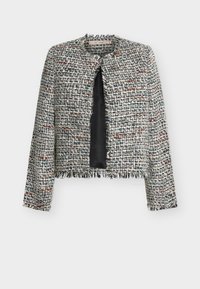 Jachetă din tweed cu un model texturat în alb, negru și pete colorate. Marginile sunt tocite, iar designul cu fața deschisă adaugă detalii.