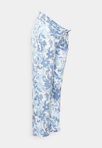 Calças com padrão floral em tons de azul, apresentando um cós com cordão e tecido suave, cortadas com um ajuste relaxado e pernas direitas.