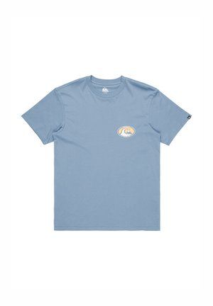 Light blue cotton T-shirt with a round neckline, short sleeves, and a small logo graphic in yellow and white on the left chest area.