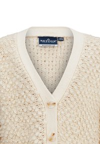 Cremfarbener gestrickter Cardigan mit V-Ausschnitt, strukturiertem Material und drei vorderen Knöpfen mit glatter Oberfläche. Etikett innen sichtbar.