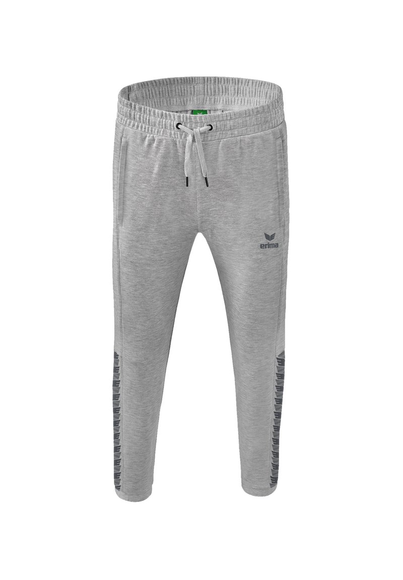 Hellegraue Jogginghosen mit einem elastischen Bund, verstellbarem Kordelzug und seitlichen Streifen mit einem schwarzen Logomuster.