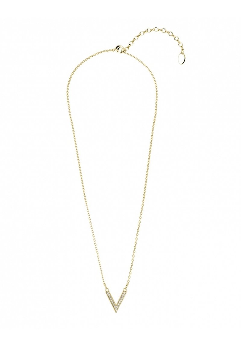 Collana d'oro con un pendente a forma di V caratterizzato da un motivo di pietre preziose chiare. Catena delicata, lunghezza regolabile con chiusura a anello.