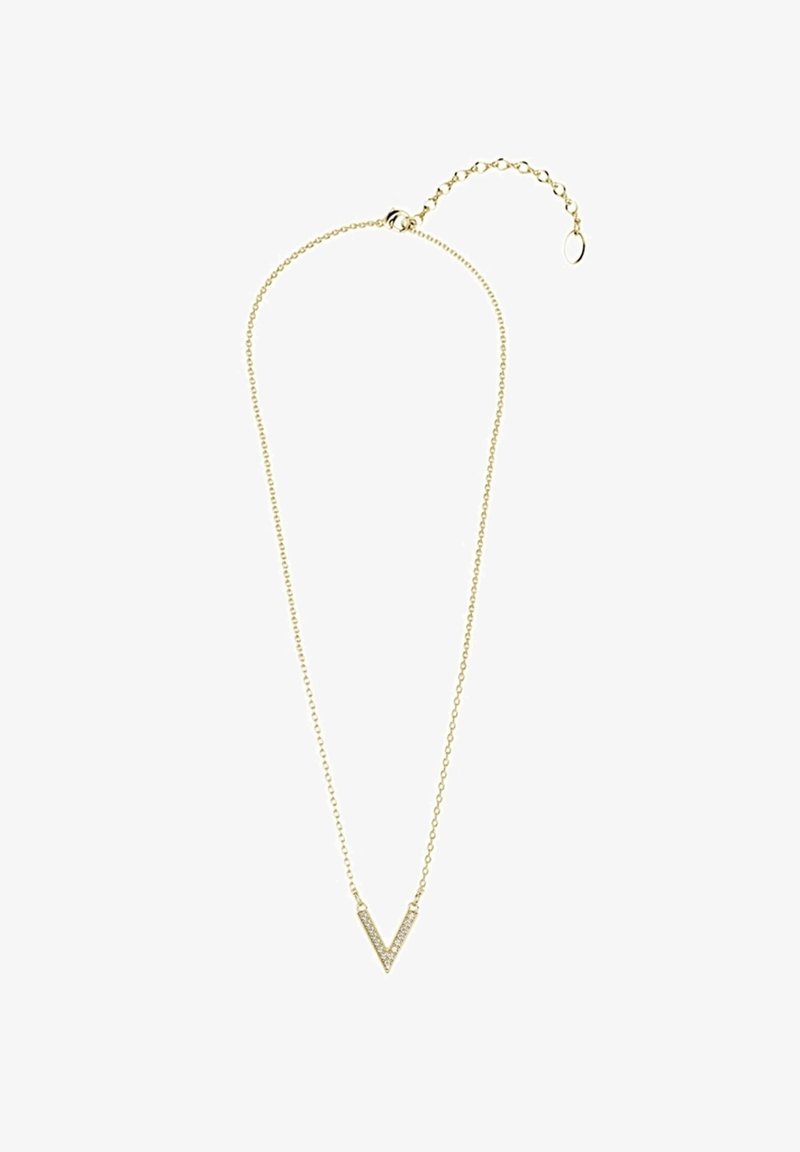 Gouden ketting met een V-vormige hanger met een heldere edelsteenmuster. Delicate ketting, verstelbare lengte met een lushaak.