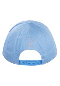 Cappellino da baseball blu con una texture liscia e visiera piatta. Presenta un design ricamato di Snoopy sul retro e una chiusura regolabile con snapback.