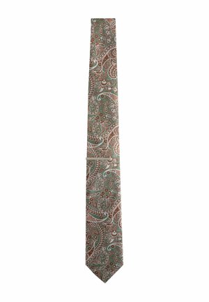 Necktie with intricate paisley pattern in shades of green, brown, and beige on a white background.