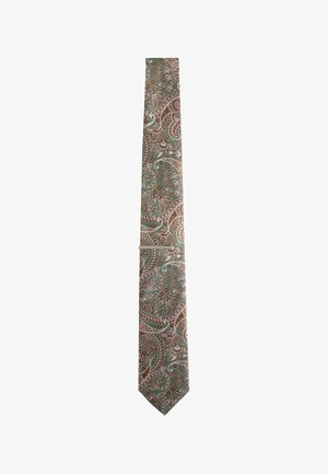 Necktie with intricate paisley pattern in shades of green, brown, and beige on a white background.