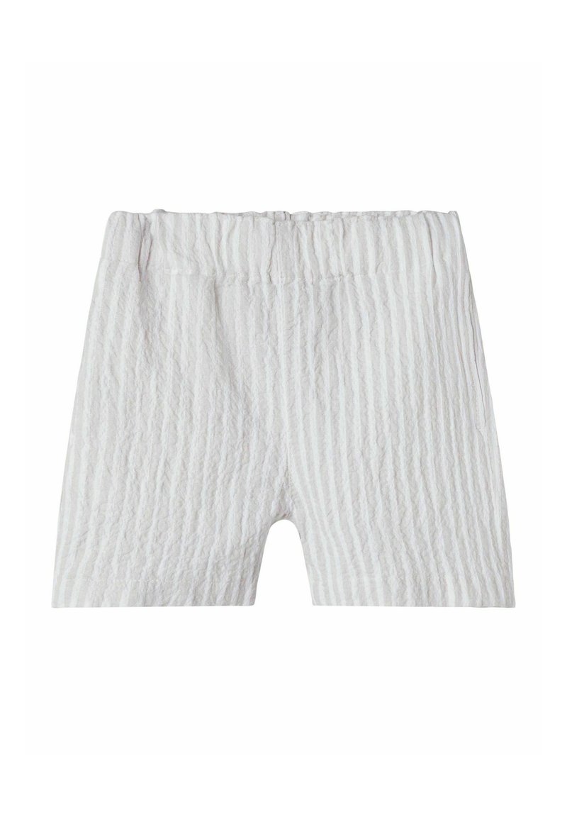 Witte gestreepte shorts van textuurstof met een elastische tailleband en een relaxed fit. De strepen zijn subtiel en verticaal.