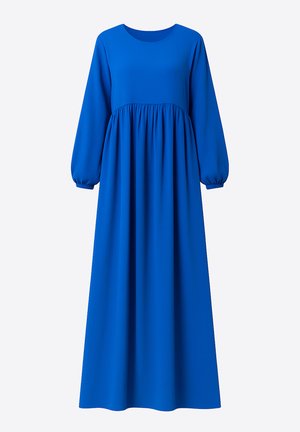 Langes blaues Kleid aus glattem Stoff mit rundem Ausschnitt, langen Ärmeln und einer gerafften Taille für eine fließende Silhouette.