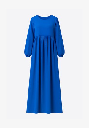 Langes blaues Kleid aus glattem Stoff mit rundem Ausschnitt, langen Ärmeln und einer gerafften Taille für eine fließende Silhouette.