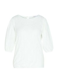 Blouse blanche avec manches bouffantes trois-quarts et broderie à jours en motif losange, ourlet élastique et encolure ronde avec fermeture boutonnée dans le dos.