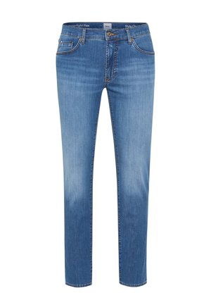 Jean bleu slim fit avec devant délavé, style cinq poches, passants de ceinture et fermeture par bouton.