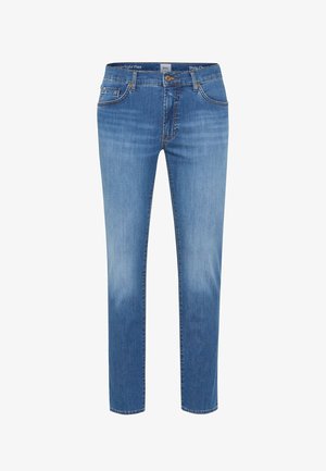 Jean bleu slim fit avec devant délavé, style cinq poches, passants de ceinture et fermeture par bouton.