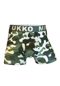 Gröna kamouflageboxershorts för män med en vit märkesresår som det står "MR UKKO" på. Tillverkade av ett jämnt och elastiskt tyg.