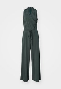 Combinaison sans manches, vert foncé, avec un design enveloppant, une taille à cordon de serrage, des jambes larges et un tissu lisse et texturé.