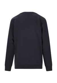 Marineblå sweatshirt med rund hals, lange ærmer og ribbede manchetter og kant. Glat tekstur, ensfarvet og enkelt design uden grafik.