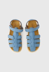 Μπλε σανδάλια με πολλαπλούς ιμάντες, ρυθμιζόμενο ιμάντα στον αστράγαλο, μαλακό ταμπά πάτο και λεία σόλα από καουτσούκ, με casual α νοιχτό σχέδιο.