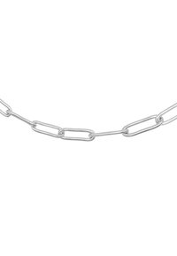 Sølv metal kæde, sammensat af sammenkædede, aflangte led. Glat tekstur med en skinnende finish, der fremhæver et enkelt, minimalistisk design.