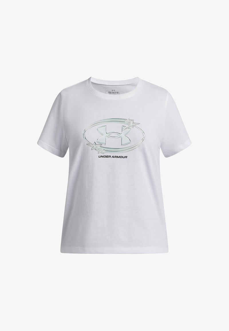 T-shirt en coton blanc avec un grand logo Under Armour translucide orné d'étoiles. Col rond classique et manches courtes, coupe décontractée.