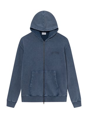 Sweat à capuche zippé en bleu délavé, fabriqué en coton. Présente une poche kangourou, des poignets et un ourlet côtelés. Comprend une capuche avec cordon de serrage et un détail de logo.