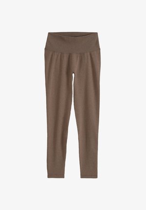 Leggings marroni a vita alta senza cuciture con ampia cintura a coste, gambe lunghe aderenti e tessuto morbido ed elastico.