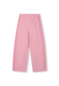Roze joggingbroek met een wijd beenontwerp, elastische tailleband en een enkele achterzak. Gladde textuur met een effen kleur over het geheel.