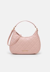 Quilted pink leather handbag with a curved shape, gold logo detail, and a detachable shoulder strap. Smooth texture and subtle sheen.