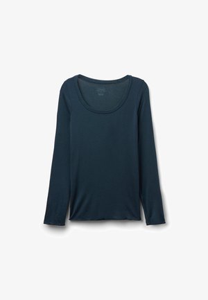 Langärmliges Oberteil mit Rundhalsausschnitt aus weichem, dunkelblauem Stoff. Es zeichnet sich durch eine lockere Passform und eine glatte Textur aus, mit seitlichen Schlitzen am Saum.