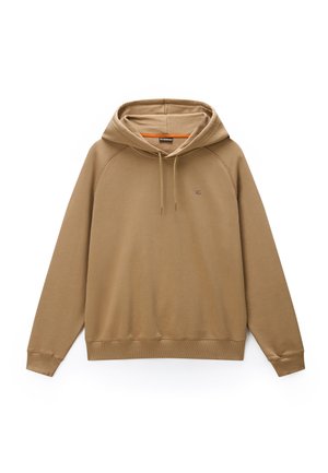 Bruine hoodie met lange mouwen, een voorvak, trekkoord in de capuchon en een klein geborduurd logo op de linkerborst.