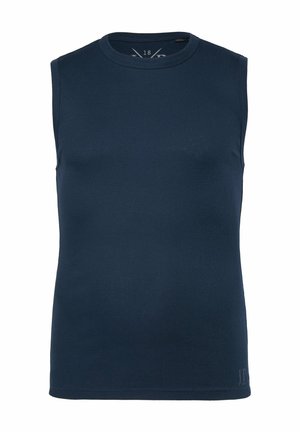 Top senza maniche blu scuro in tessuto a coste, con collo rotondo, orlo dritto e un discreto logo sul fondo a sinistra.