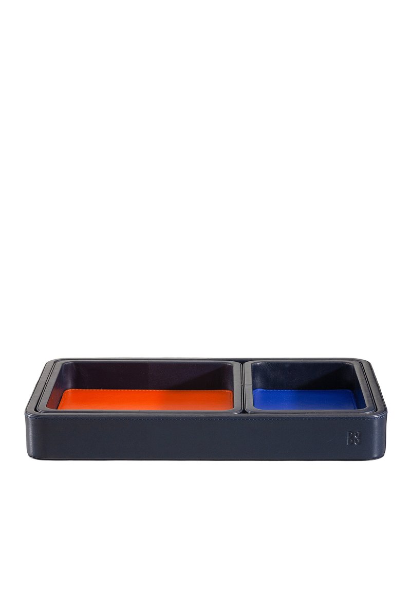 Rectangular serving tray with two compartments. One side features an orange interior, the other a blue interior. Black leather exterior.
