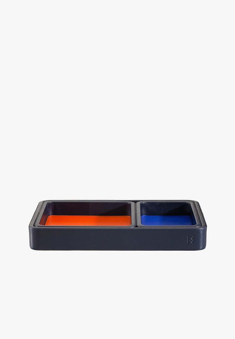Rectangular serving tray with two compartments. One side features an orange interior, the other a blue interior. Black leather exterior.