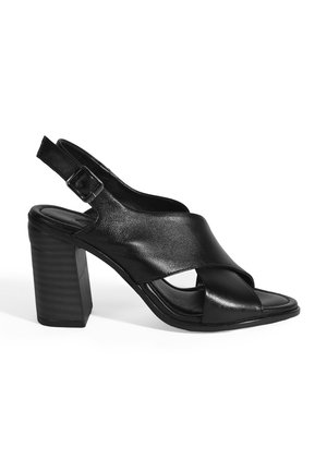 Black leather slingback sandal featuring a crisscross strap design, a square toe, and a chunky block heel with a ribbed texture.