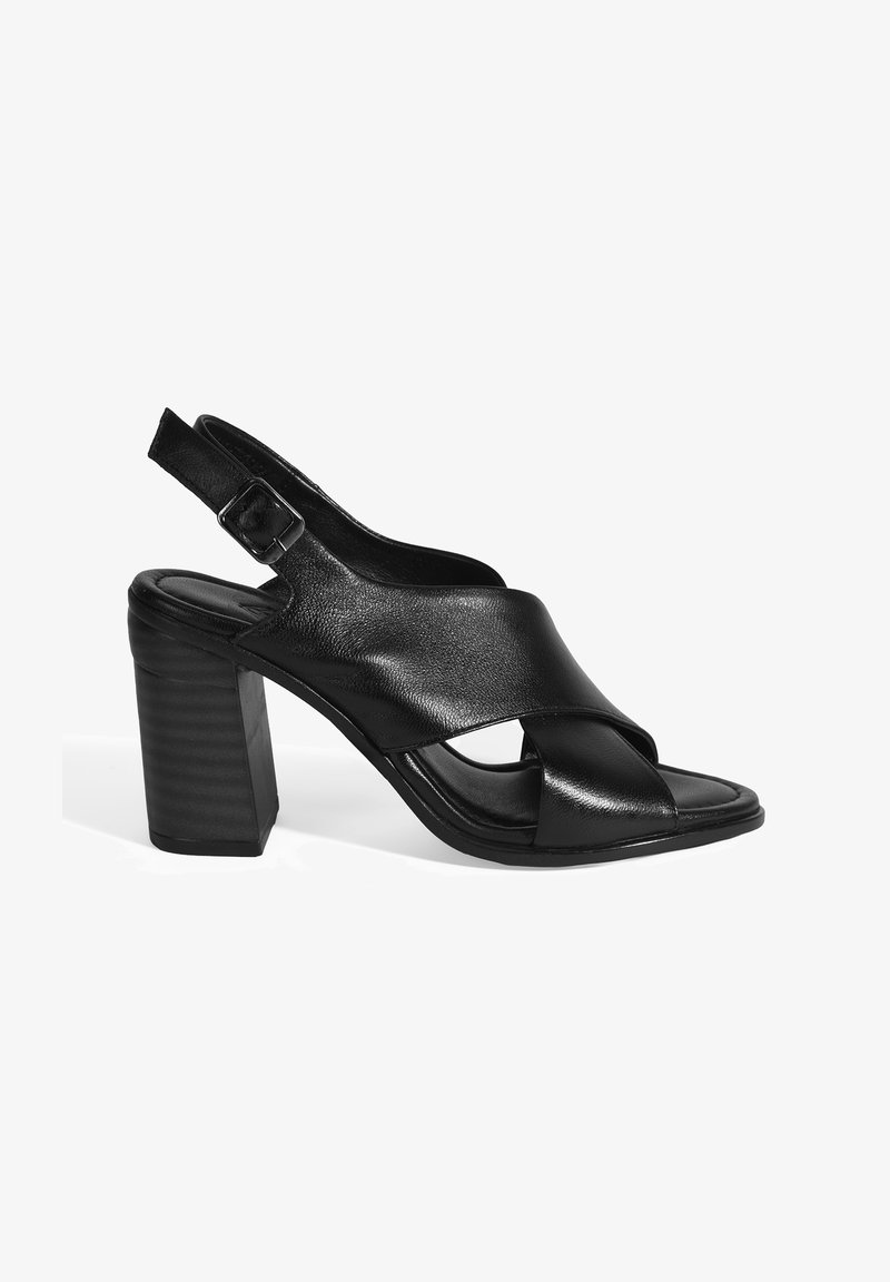 Zwarte leren slingback sandaal met een crisscross bandontwerp, een vierkante neus en een chunky blokhak met een ribbeltextuur.