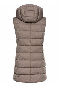 Gilet imbottito color taupe con cappuccio. Presenta un design a righe orizzontali e una forma affusolata. Texture liscia con dettagli elastici attorno al cappuccio.