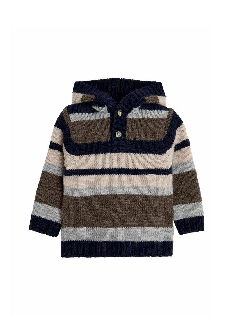 Pasiasty sweter z kapturem w kolorach brązowym, granatowym, szarym i różowym. Posiada ribbowany dekolt, zapięcie na trzy guziki oraz długie rękawy. Miękka dzianinowa faktura.